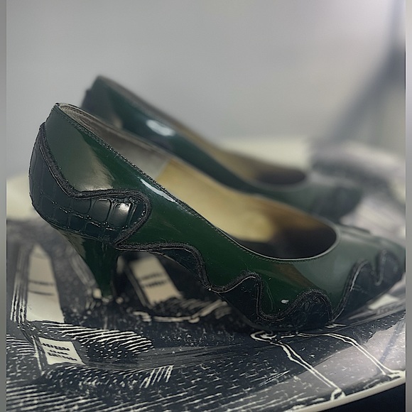 🖤 Vintage 🖤 1980s Marco Dark Forest Green Patent Leather Crocodile Heels - Picture 9 of 11
